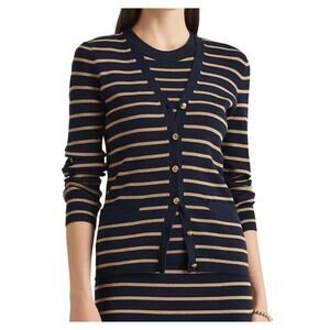 Ralph Lauren Metallic Stripe Knit Cardigan Sweater XL Navy Gold Preppy Nautical